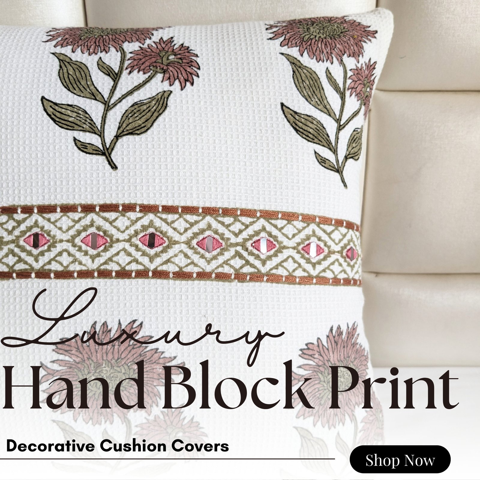 Botanical block printed  with embroidery cushion cover - Image 8