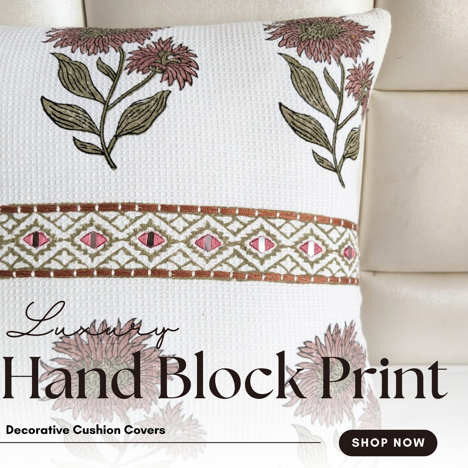 Botanical block printed  with embroidery cushion cover - Image 9