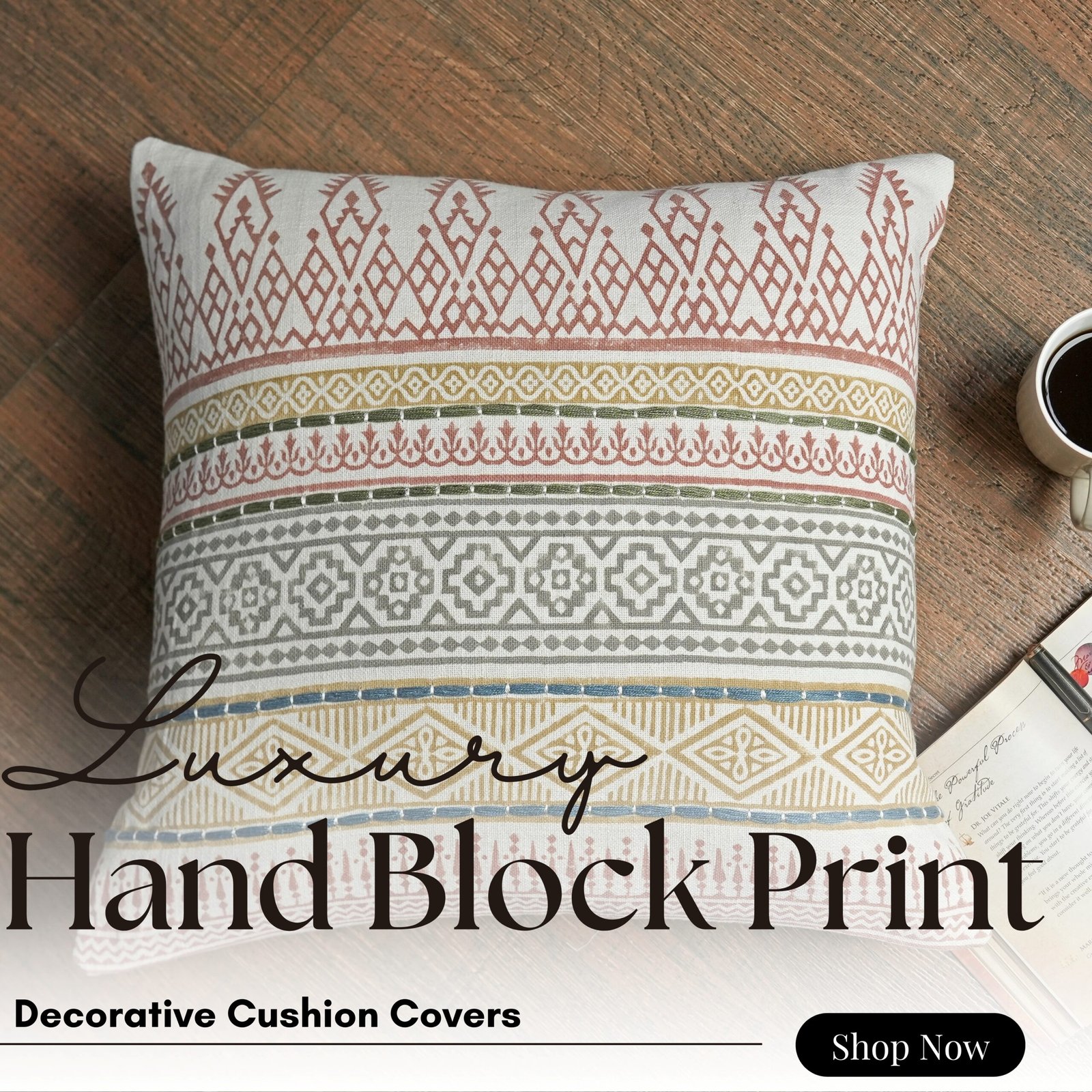 Horizontal geometrical block printed with embroidery  cushion cover - Image 5
