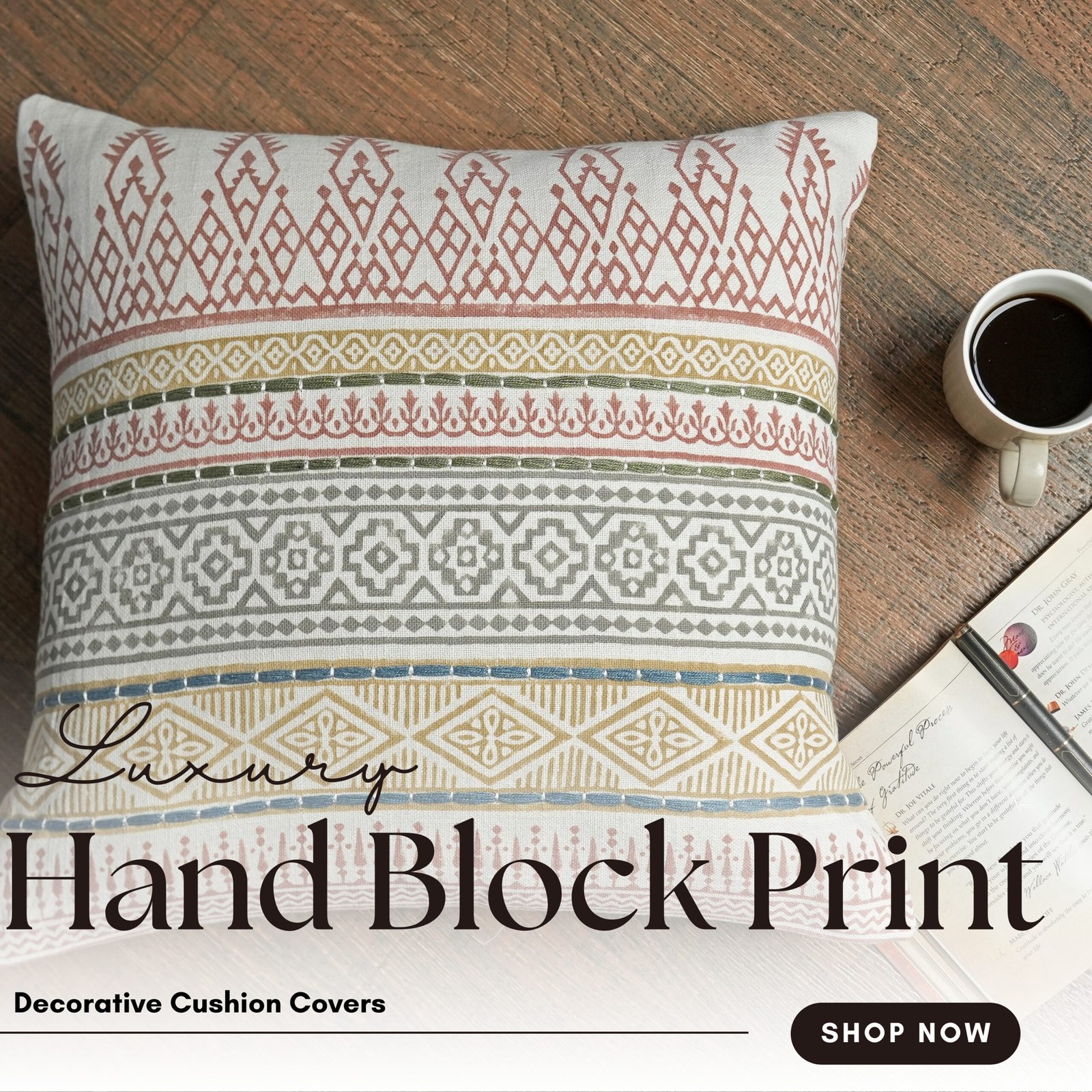 Horizontal geometrical block printed with embroidery  cushion cover - Image 4